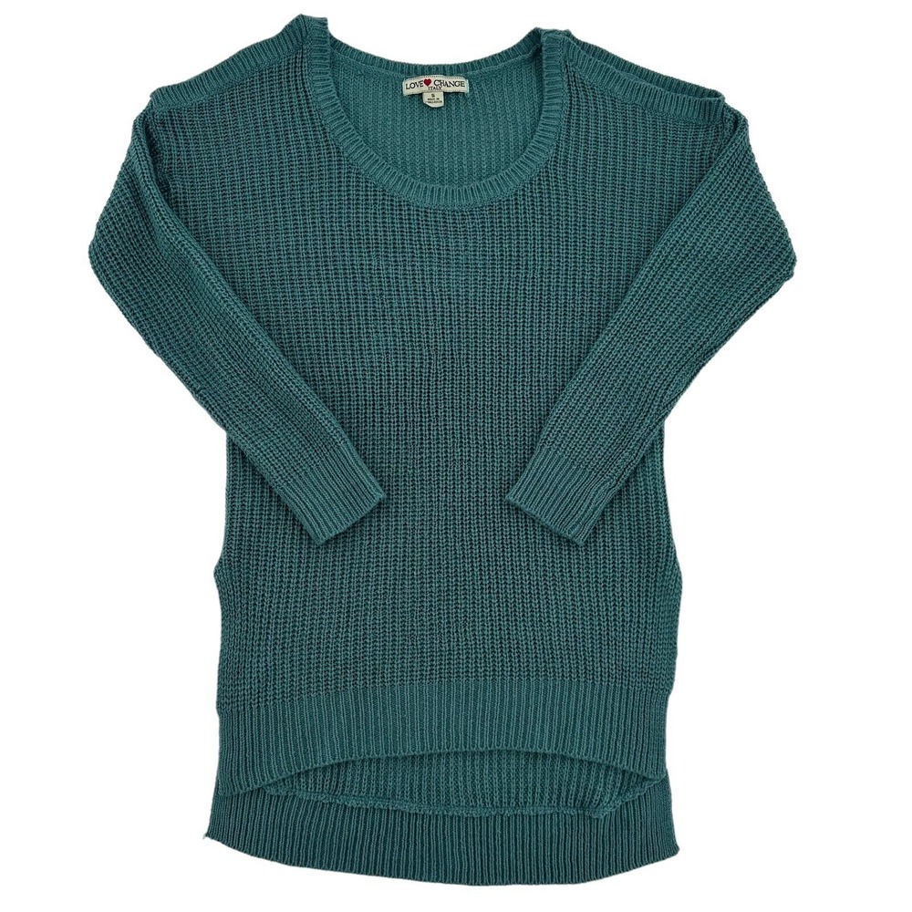 Love Change Italy Women Small Teal Green Cold Shoulder Waffle Knit Sweater  Cozy